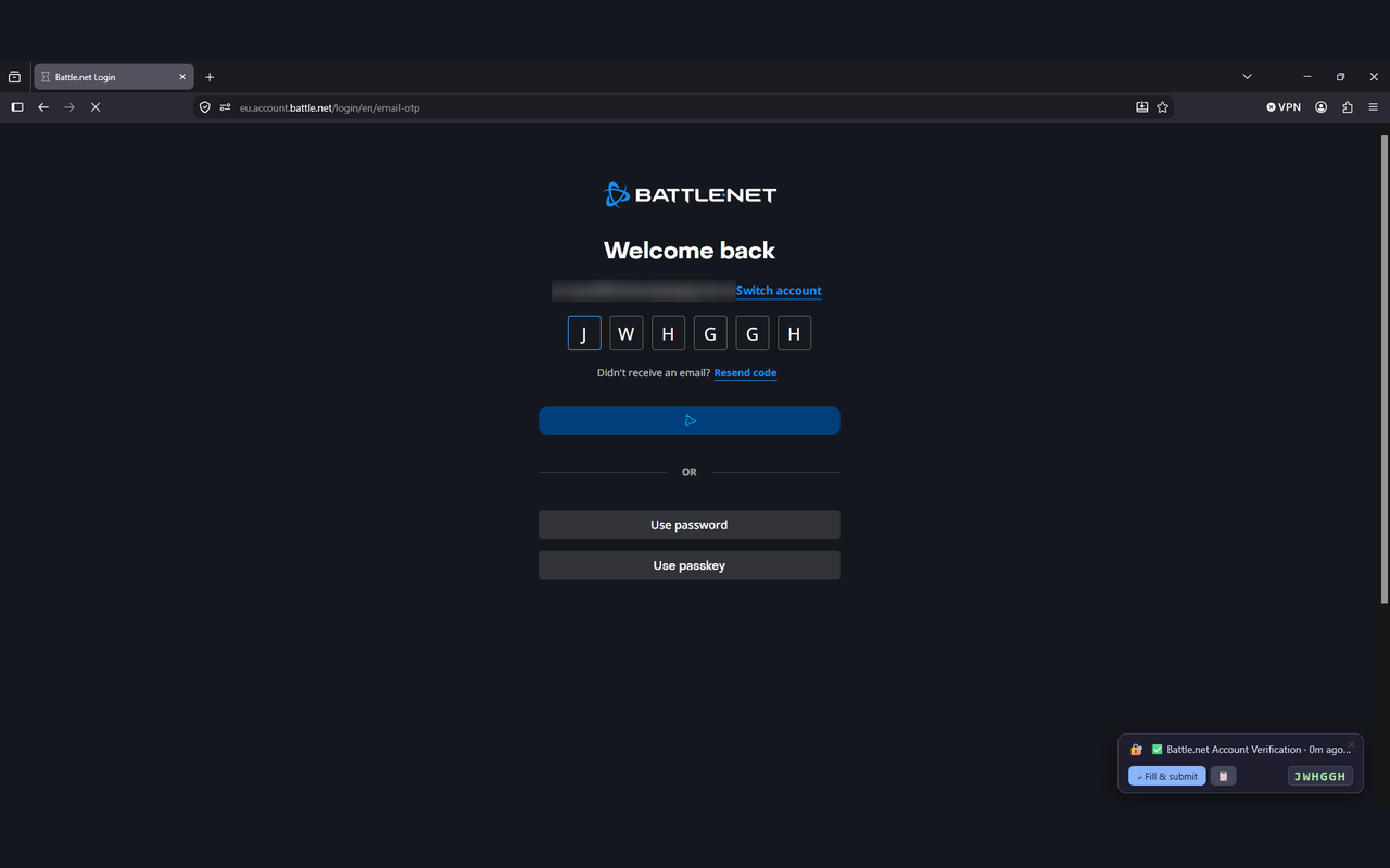 A verification code filled into a Battle.net login form, with the overlay naming the email it came from.