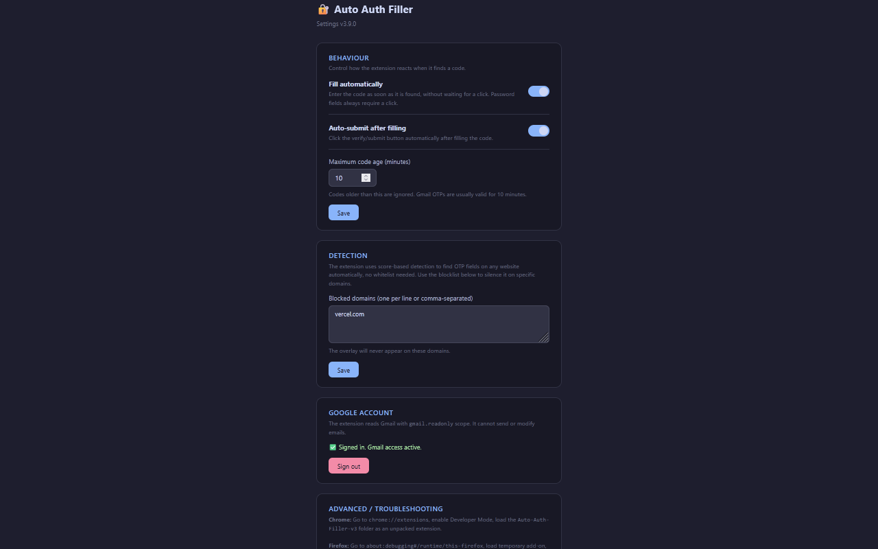 The settings page, showing the behaviour, detection, language and account sections.